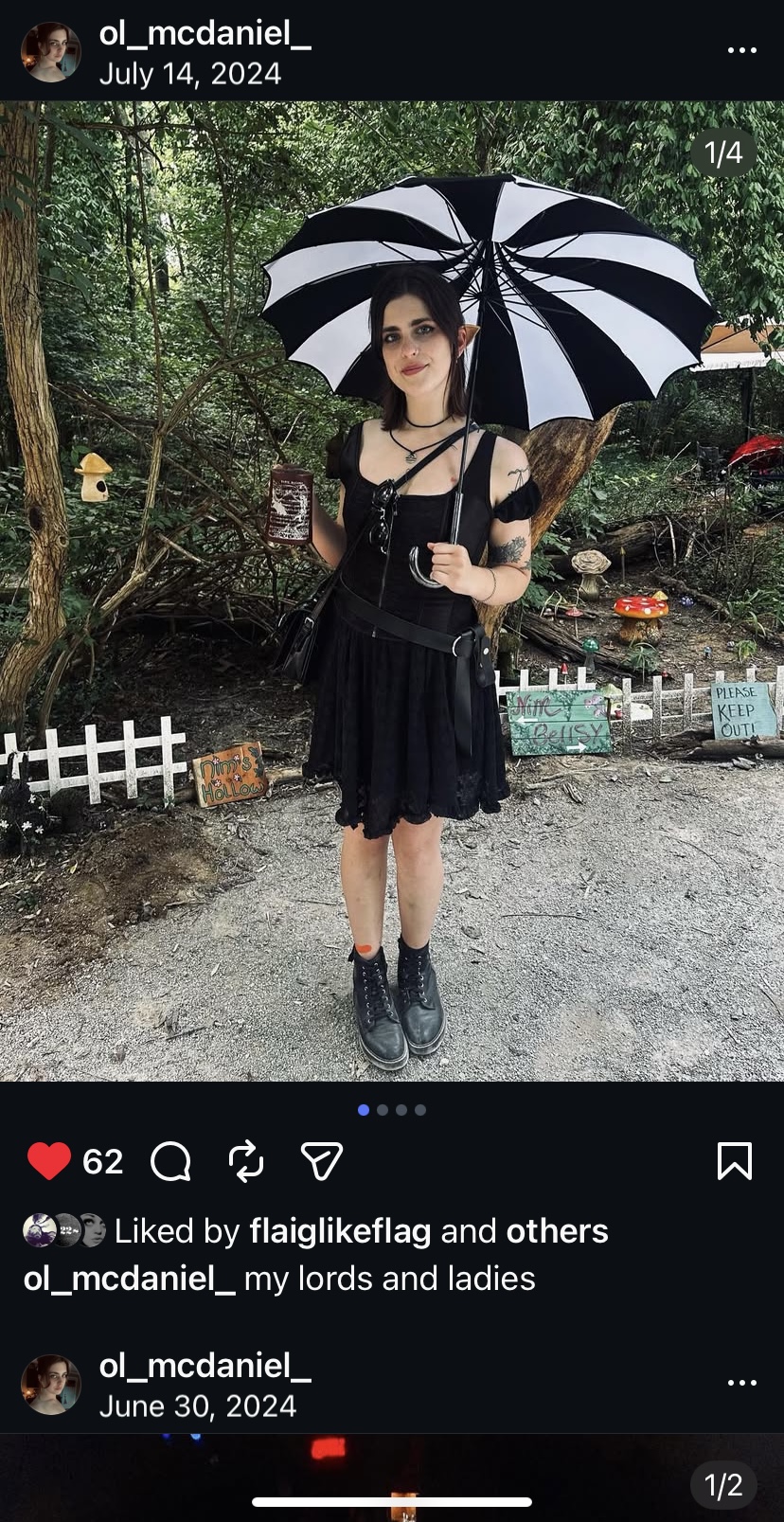 Customer in black dress and corset holding striped umbrella